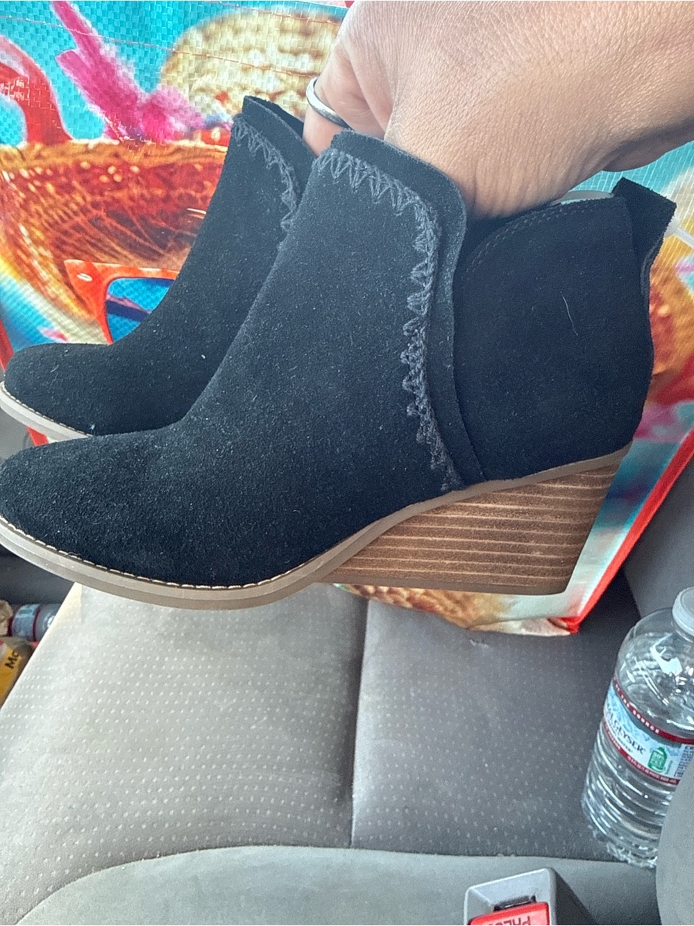 Toms Black Suede Ankle Booties with Stacked Wood Heel